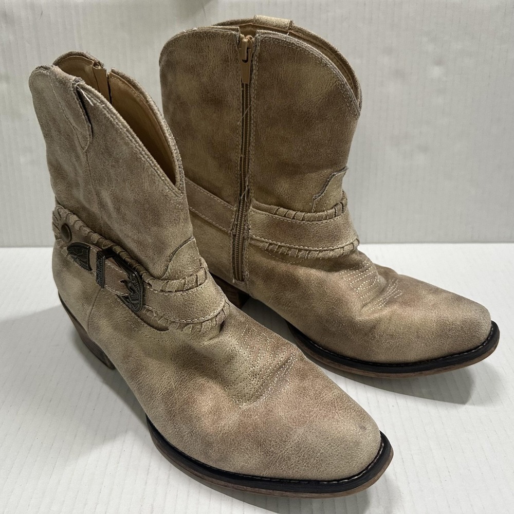 Roper Western Boots Womens 10 Beige Ankle Zip Buckle Pointed Toe Low Heel